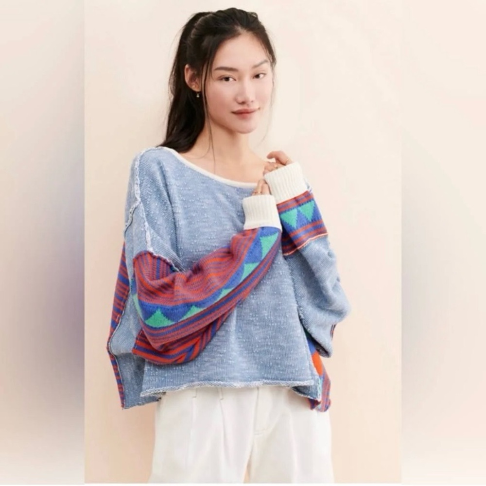 Free People Patchwork Pullover Sweater Blue Multi… - image 1